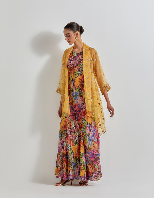 Multicolour Florika Printed Drape Dress Paired With Silk Organza Hand Embellished Cape Jacket