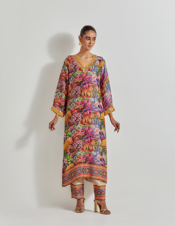 Multicolour Florika Printed Tissue Chanderi Kurta Set With Embellished Neckline Cuff