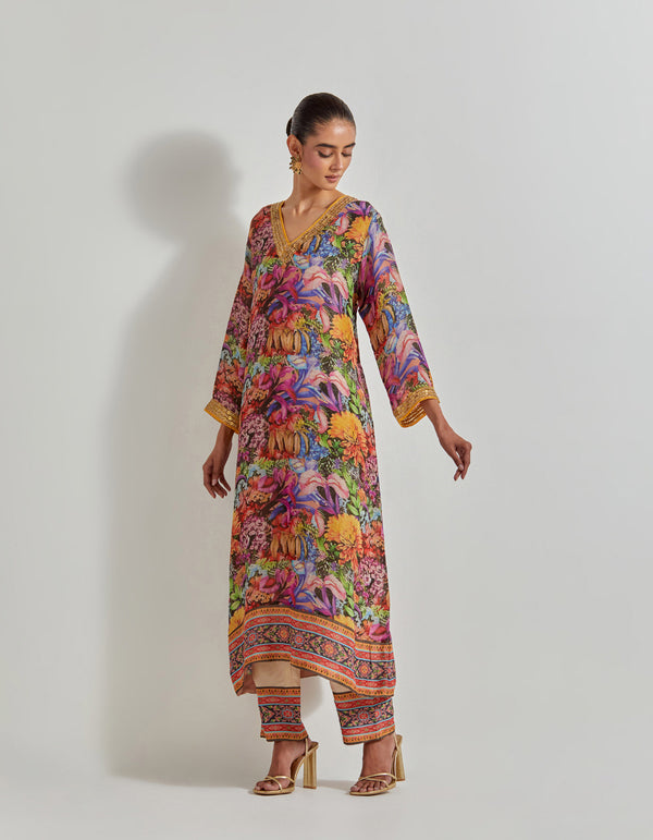 Multicolour Florika Printed Tissue Chanderi Kurta Set With Embellished Neckline Cuff