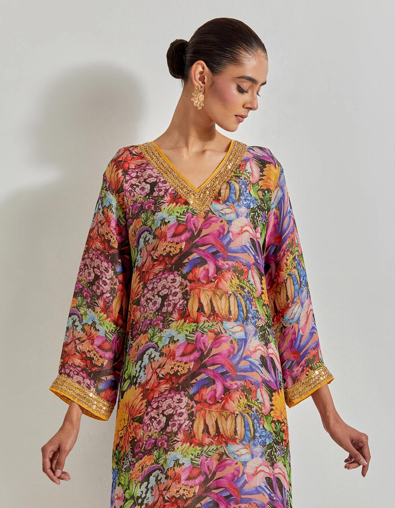 Multicolour Florika Printed Tissue Chanderi Kurta Set With Embellished Neckline Cuff