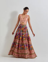 Multicolour Floirka Printed Skirt Paired With Organza Hand Embellished Waist Coat