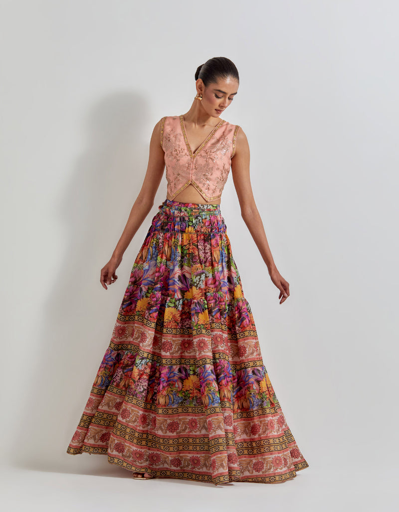 Multicolour Floirka Printed Skirt Paired With Organza Hand Embellished Waist Coat