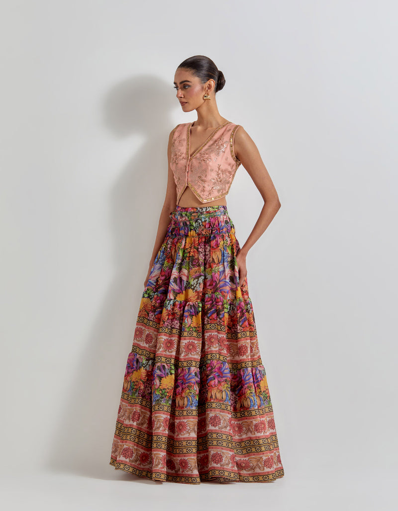 Multicolour Floirka Printed Skirt Paired With Organza Hand Embellished Waist Coat