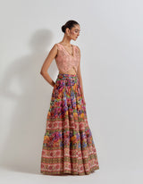 Multicolour Floirka Printed Skirt Paired With Organza Hand Embellished Waist Coat