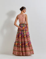 Multicolour Floirka Printed Skirt Paired With Organza Hand Embellished Waist Coat