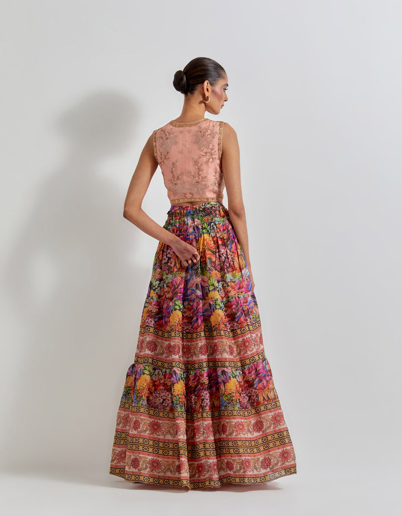 Multicolour Floirka Printed Skirt Paired With Organza Hand Embellished Waist Coat