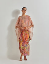 Multicolour Florika Printed Dress Paired With Hand Embellished Organza High Low Cape