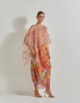 Multicolour Florika Printed Dress Paired With Hand Embellished Organza High Low Cape