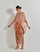 Multicolour Florika Printed Dress Paired With Hand Embellished Organza High Low Cape