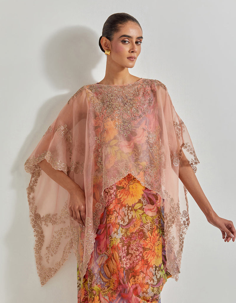 Multicolour Florika Printed Dress Paired With Hand Embellished Organza High Low Cape