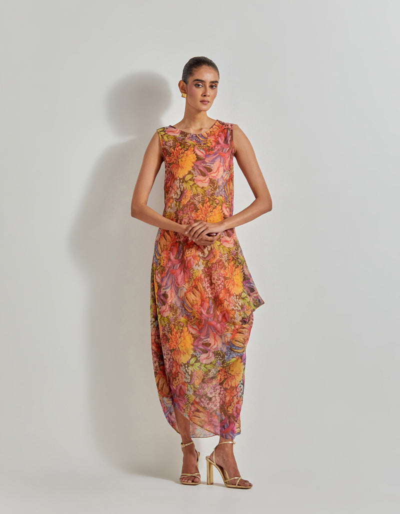 Multicolour Florika Printed Dress Paired With Hand Embellished Organza High Low Cape