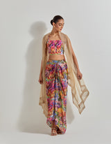 Multicolour Florika Drape Skirt And Bustier Paired With Organza Silk Cape With Emroidered Border