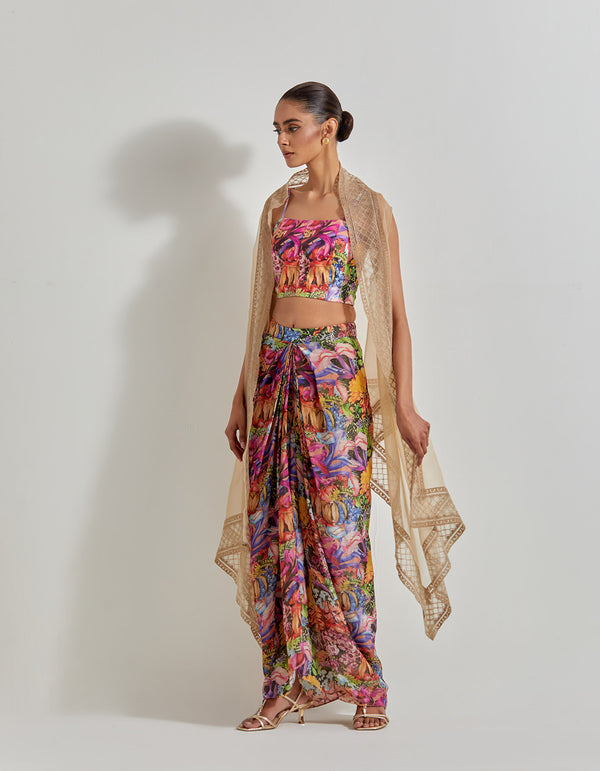 Multicolour Florika Drape Skirt And Bustier Paired With Organza Silk Cape With Emroidered Border