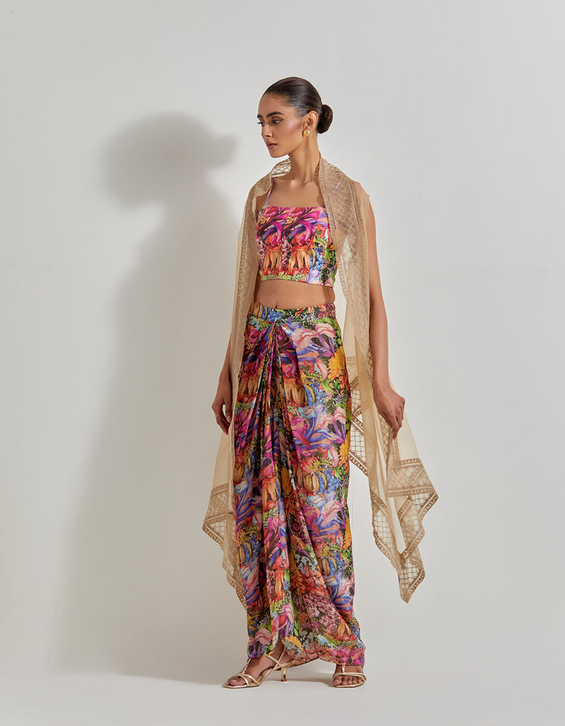 Multicolour Florika Drape Skirt And Bustier Paired With Organza Silk Cape With Emroidered Border