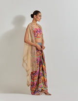 Multicolour Florika Drape Skirt And Bustier Paired With Organza Silk Cape With Emroidered Border