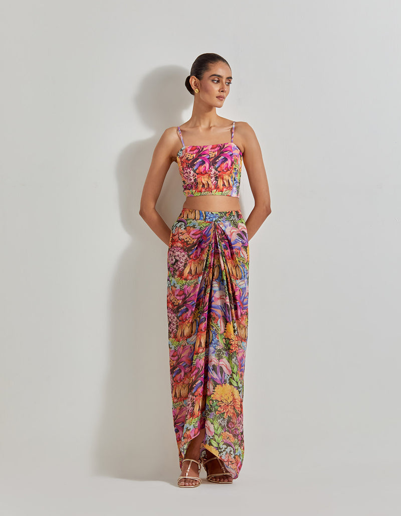 Multicolour Florika Drape Skirt And Bustier Paired With Organza Silk Cape With Emroidered Border