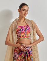 Multicolour Florika Drape Skirt And Bustier Paired With Organza Silk Cape With Emroidered Border