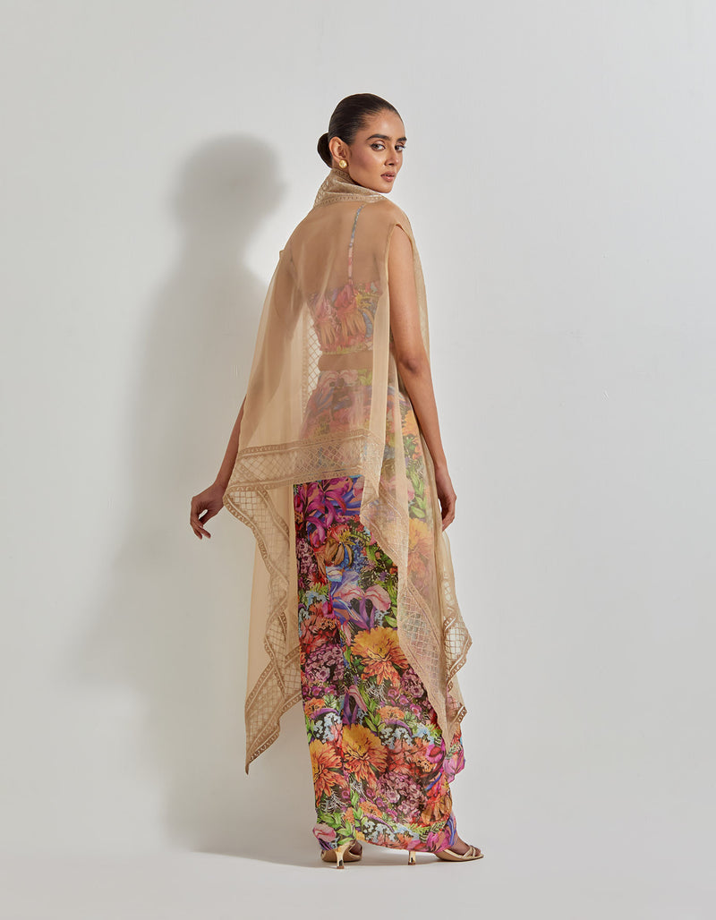 Multicolour Florika Drape Skirt And Bustier Paired With Organza Silk Cape With Emroidered Border