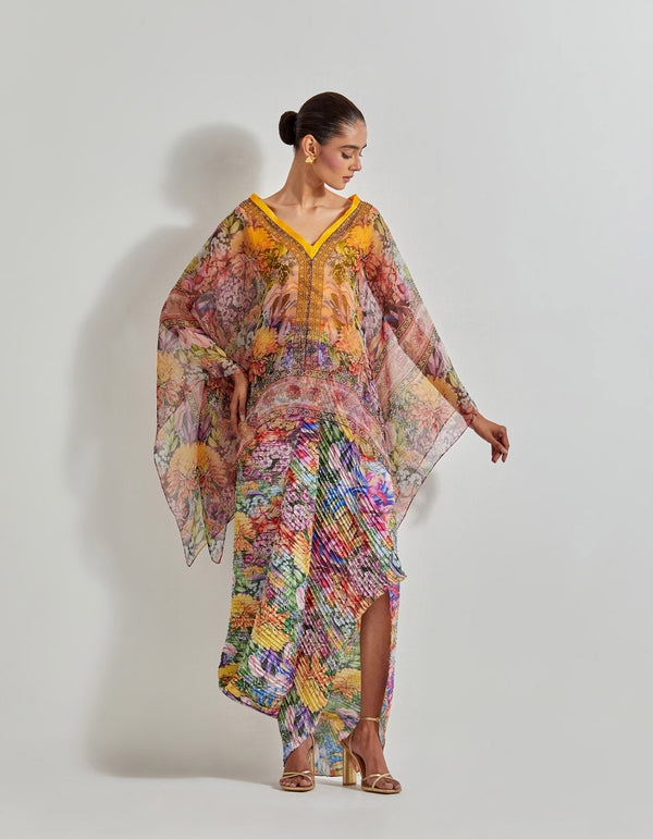 Multicolour Florika Crinkle Drape Dress Paired With Printed Kaftan Top