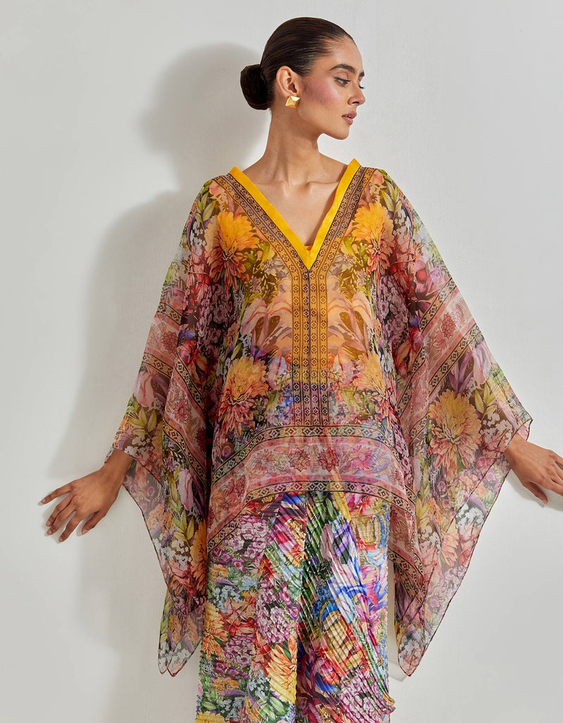 Multicolour Florika Crinkle Drape Dress Paired With Printed Kaftan Top