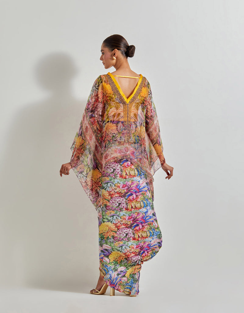 Multicolour Florika Crinkle Drape Dress Paired With Printed Kaftan Top