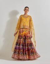 Multicolour Florika Organza Printed Sharara Paired With Organza Hand Embellished High Low Cape