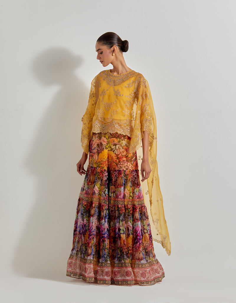 Multicolour Florika Organza Printed Sharara Paired With Organza Hand Embellished High Low Cape