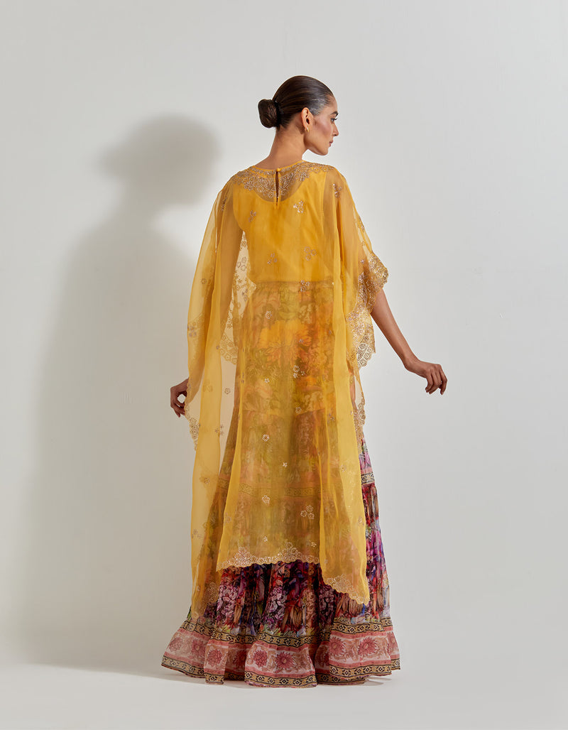 Multicolour Florika Organza Printed Sharara Paired With Organza Hand Embellished High Low Cape