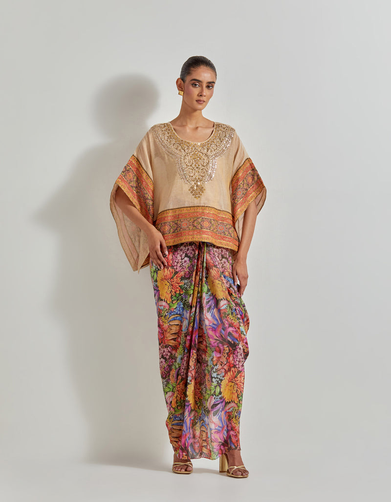 Multicolour Florika Printed Drape Skirt Paired Withm Tissue Chanderi Kaftan Top