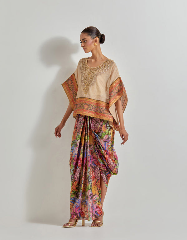 Multicolour Florika Printed Drape Skirt Paired Withm Tissue Chanderi Kaftan Top