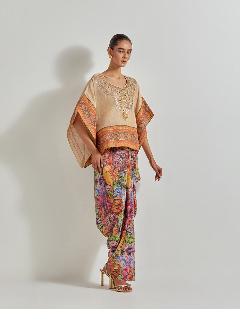 Multicolour Florika Printed Drape Skirt Paired Withm Tissue Chanderi Kaftan Top