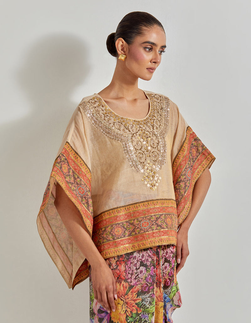 Multicolour Florika Printed Drape Skirt Paired Withm Tissue Chanderi Kaftan Top