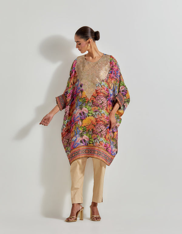 Multicolour Florika Tissue Chanderi Printed Kaftan Tunic With Hand Neckline Paired With Lycra Pants