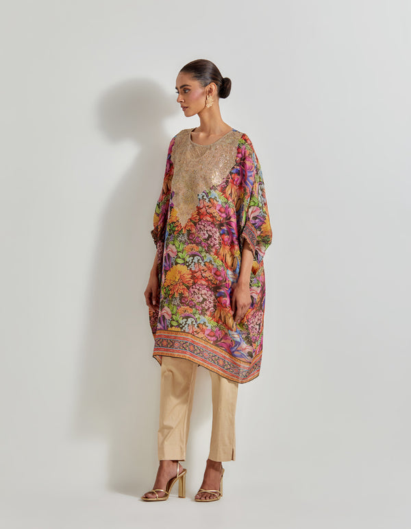 Multicolour Florika Tissue Chanderi Printed Kaftan Tunic With Hand Neckline Paired With Lycra Pants