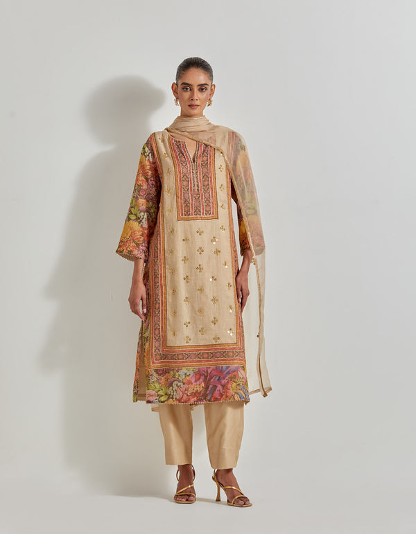 Beige Florika Printed And Hand Embellished Kurta Set