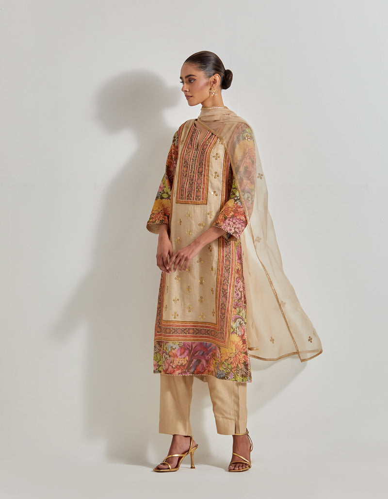 Beige Florika Printed And Hand Embellished Kurta Set