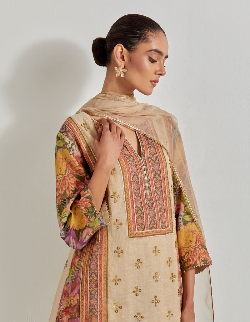 Beige Florika Printed And Hand Embellished Kurta Set