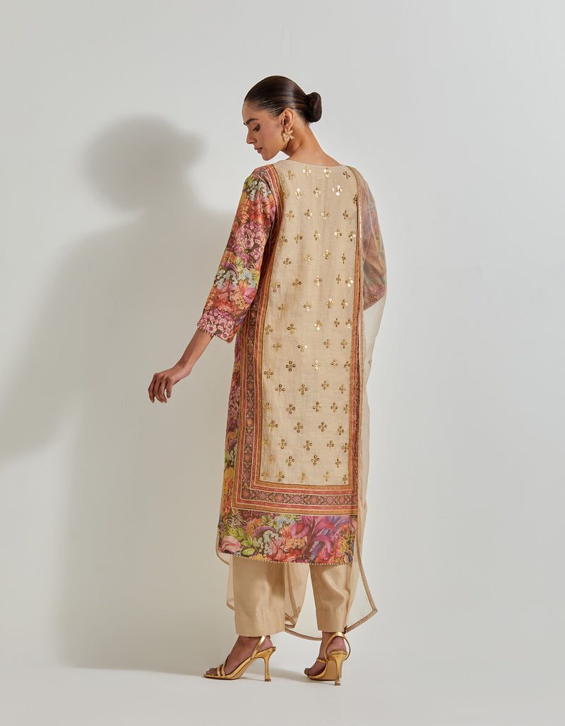 Beige Florika Printed And Hand Embellished Kurta Set