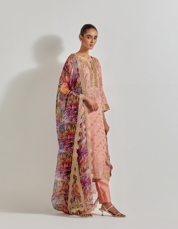 Multicolour Organza Hand Embellished Kurta Paired With Florika Printed Dupatta And Chanderi Pants