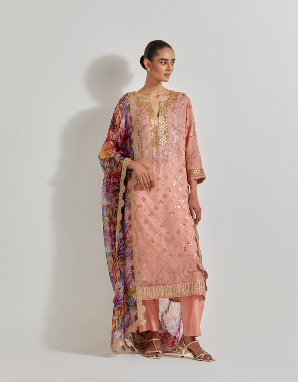 Multicolour Organza Hand Embellished Kurta Paired With Florika Printed Dupatta And Chanderi Pants