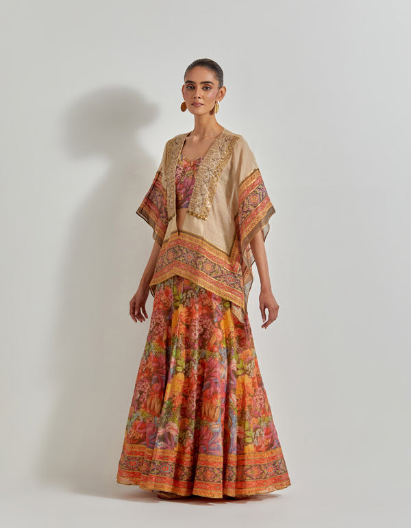 Multicolour Florika Printed Skirt With Embellished Waist Band Paired With Printed Bustier And Tissue Chanderi Open Cape Jacket