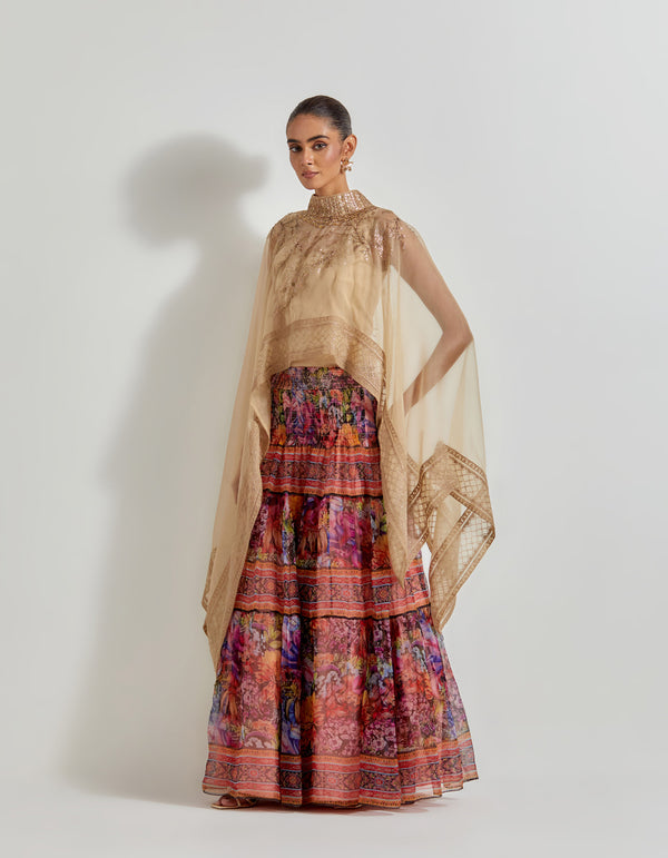 Multicolour Florika Organza Printed Skirt Paired With Hand Embellished Cape