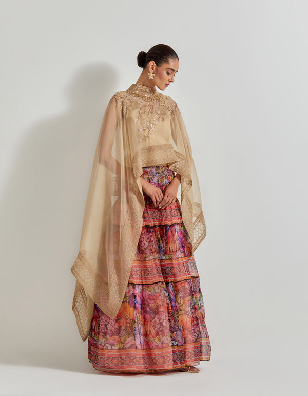 Multicolour Florika Organza Printed Skirt Paired With Hand Embellished Cape