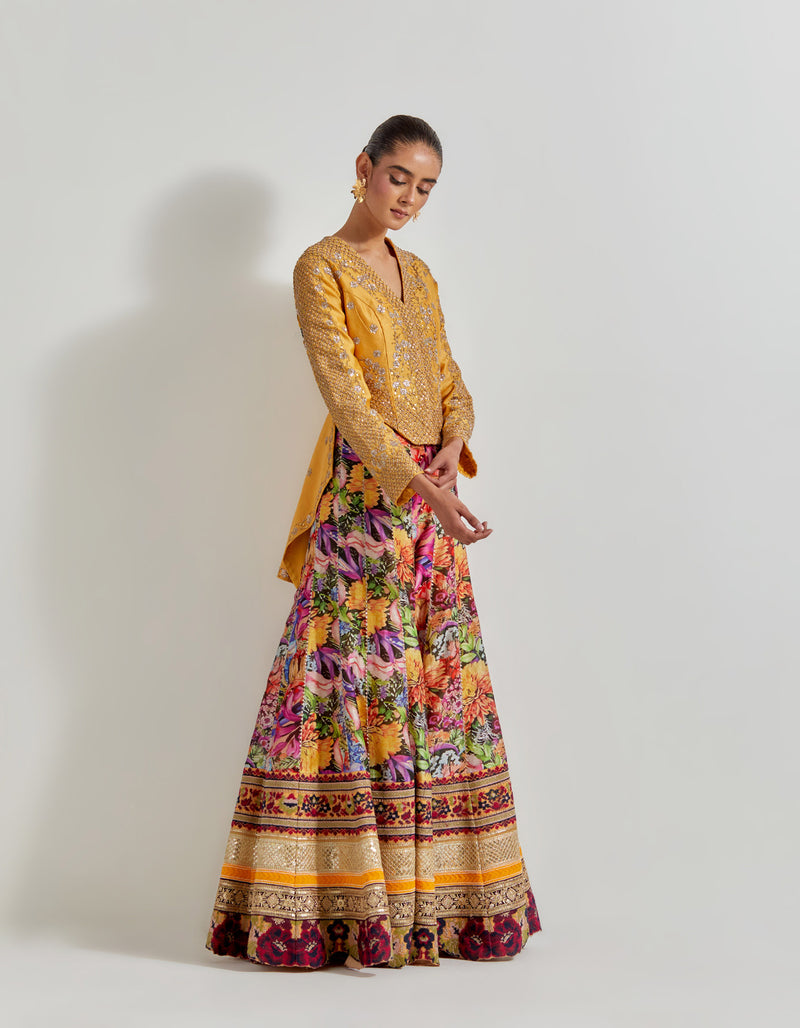 Multicolour Florika Printed Pants Paired With Chanderi Silk Hand Embellished Jacket