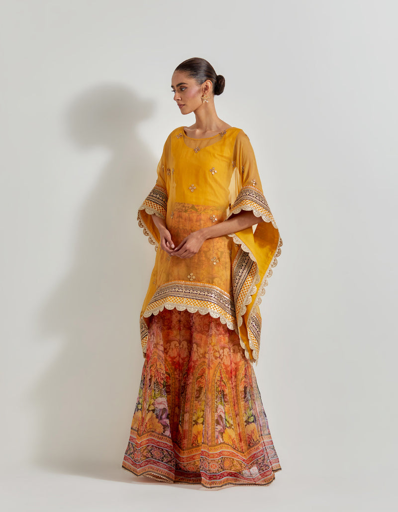 Multicolour Florika Organza Printed Sharara Paired With Organza Kaftan Tunic