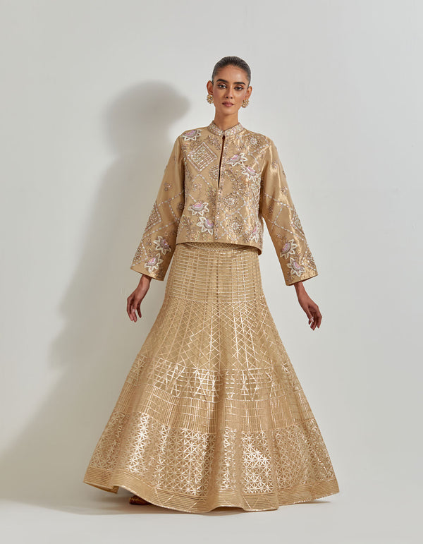 Gold Desert Rose Gold Skirt Paired With Tissue Hand Embellished Jacket