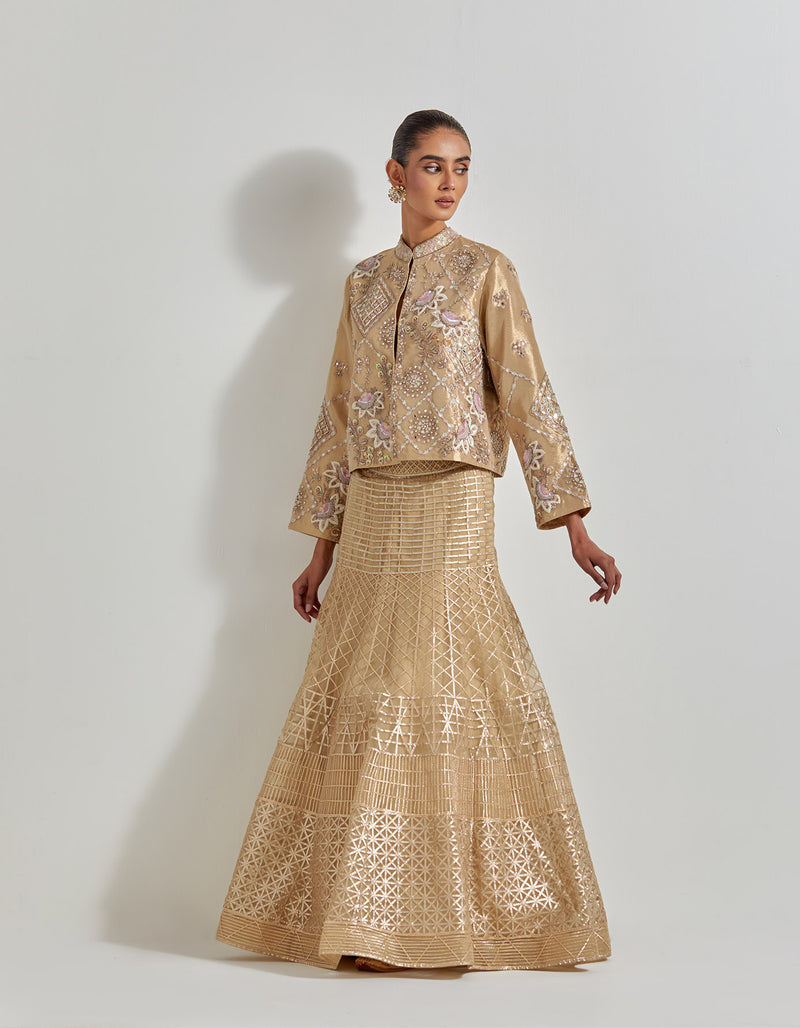 Gold Desert Rose Gold Skirt Paired With Tissue Hand Embellished Jacket