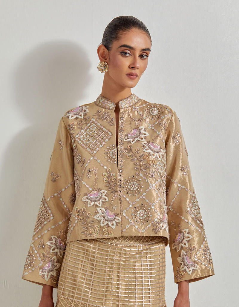 Gold Desert Rose Gold Skirt Paired With Tissue Hand Embellished Jacket