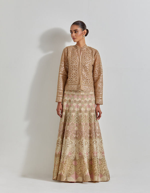 Gold Desert Rose Gota Embroidered Jacket Paired With Cross Stitch Embroidered Skirt On Mesh