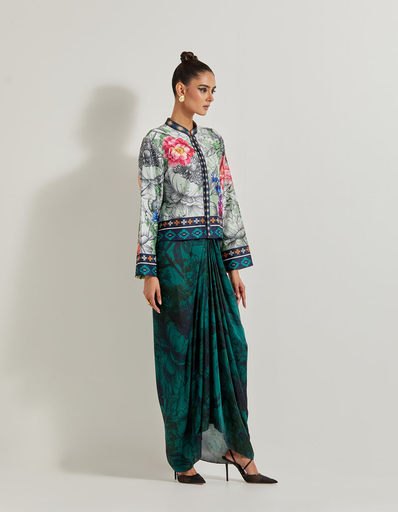 Foresta Jacket Paired With Satin Silk Cowl Skirt